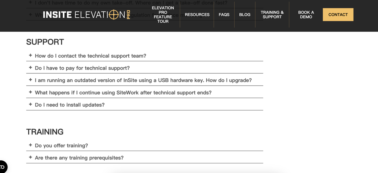 Insite Elevation Pro 的 FAQ 页面.png