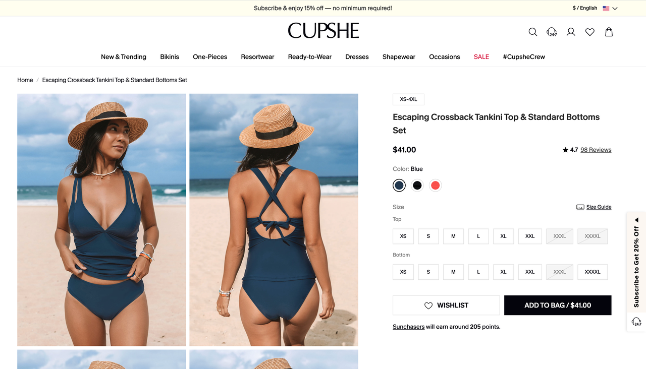 Cupshe 商品详情页