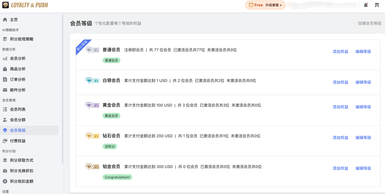 Loyalty Push 会员品级设置