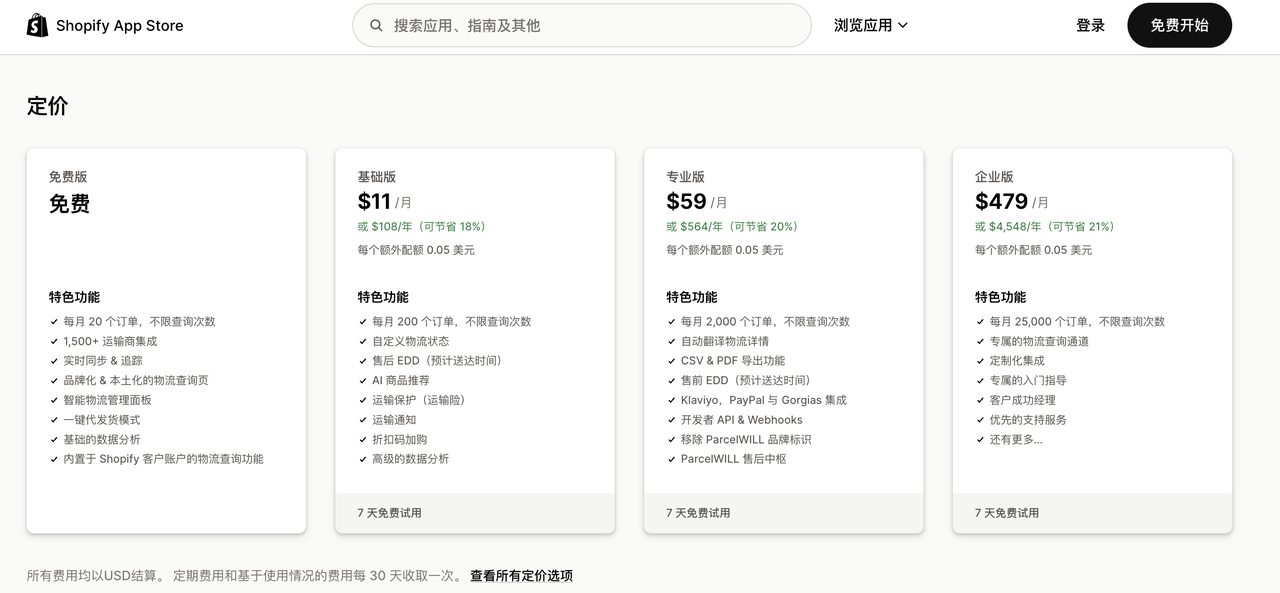 Shopify 物流插件 ParcelWILL 的套餐价钱